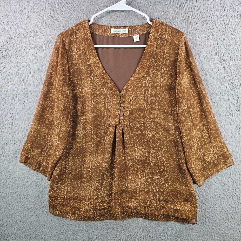 Coldwater Creek Brown Damask Print V-Neck Chiffon Blouse 3/4 Sleeve Size M 10-12